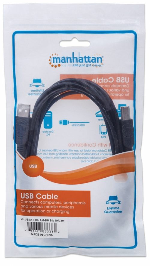 Cable Manhattan para Dispositivos USB de Alta Velocidad, USB 2.0 A Macho - USB 2.0 B Macho, 3 Metros, Negro NEGRO .