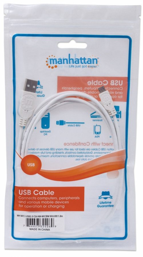 Cable Manhattan para Dispositivos USB de Alta Velocidad, USB 2.0 A Macho - Micro USB 2.0 B Macho, 1.8 Metros, Blanco PVC 1.8M BLANCO.