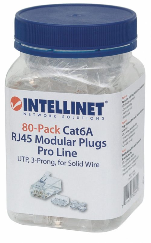 Intellinet Plug RJ-45 Cat6a UTP Sólido, Bote con 80 Piezas Transparentes SOLIDO 80PZS CONTACTO CHAPA ORO