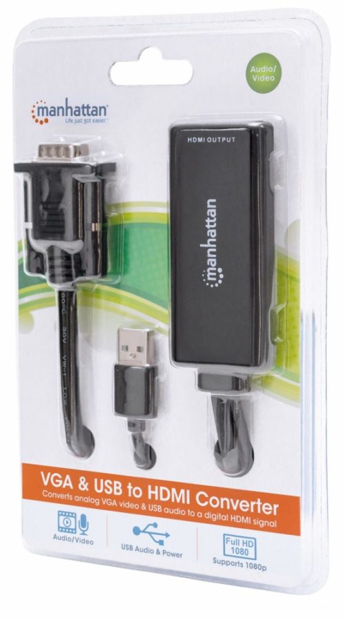 Adaptador Manhattan VGA (D-Sub)/USB - HDMI, 1920 x 1200 Pixeles, Negro VGA A HDMI + AUDIO Y AC VIA USB