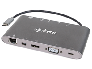 Manhattan Docking Station 152808 USB C, 3x USB 3.0, 1x USB C, 1x HDMI 1x VGA, Plata RJ45 MINI DP 3 USB 3.5MM LECTOR SD