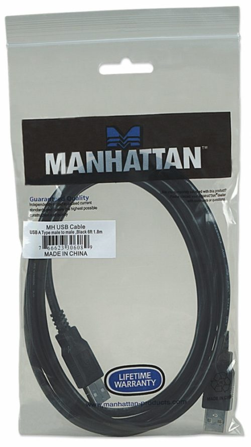 Cable Manhattan USB A Macho - USB A Macho, 1.8 Metros, Negro .