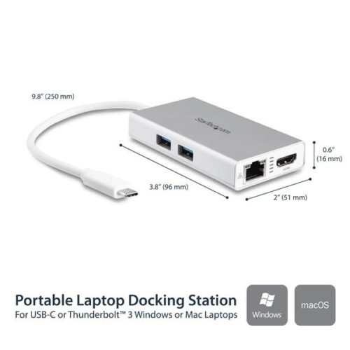 StarTech.com Hub USB-C Multifunción para Laptops, USB-C Macho - 2x USB A 3.0/1x HDMI/ 1x RJ-45 Hembra, Plata .