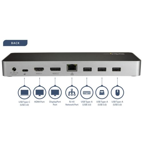 StarTech.com Docking Station para Laptops USB-C 4x USB C, Negro/Plata LAPTOP USB-C 4K PARA 2 PANTALLAS