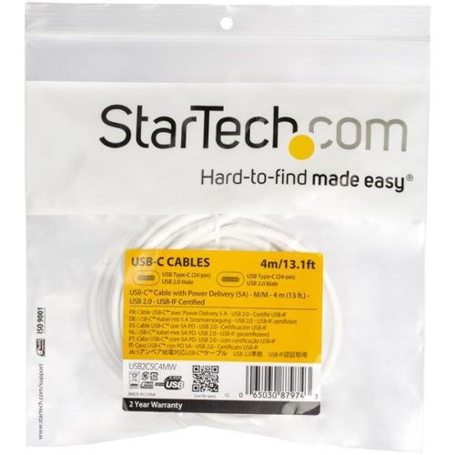 StarTech.com Cable USB-C 2.0 Macho - USB-C 2.0 Macho, 4 Metros, Blanco CON PD 5A USB 2.0 BLANCO