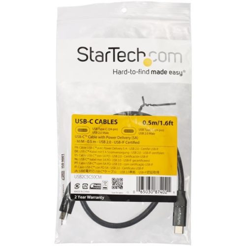 StarTech.com Cable USB-C Macho - USB-C Macho, 50cm, Negro CON CAPACIDAD PD 5A USB 2.0