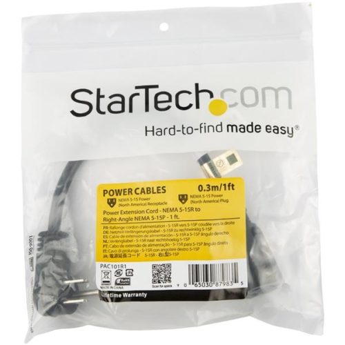 StarTech.com Cable de Poder Acodado NEMA 5-15P Macho - NEMA 5-15R Acoplador Hembra, 90cm, Negro 5-15R A NEMA 5-15P ACODADO 90CM