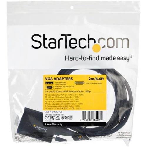 Adaptador StarTech.com VGA2HDMM2M - VGA a - HDMI - Alimentación USB - 2 Mts - 1080p - Negro DE 2M - CON AUDIO VíA USB - 1080P