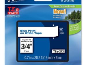 Brother CINTA AZUL SOBRE BLANCO 18MM X 8M Brother Cinta para etiquetas Brother TZE243 - 19.05mm Ancho - Blanco - 1 Solamente - Resistente a grasa, Resistente al Sucio, Resistente a la temperatura 18MM X 8M